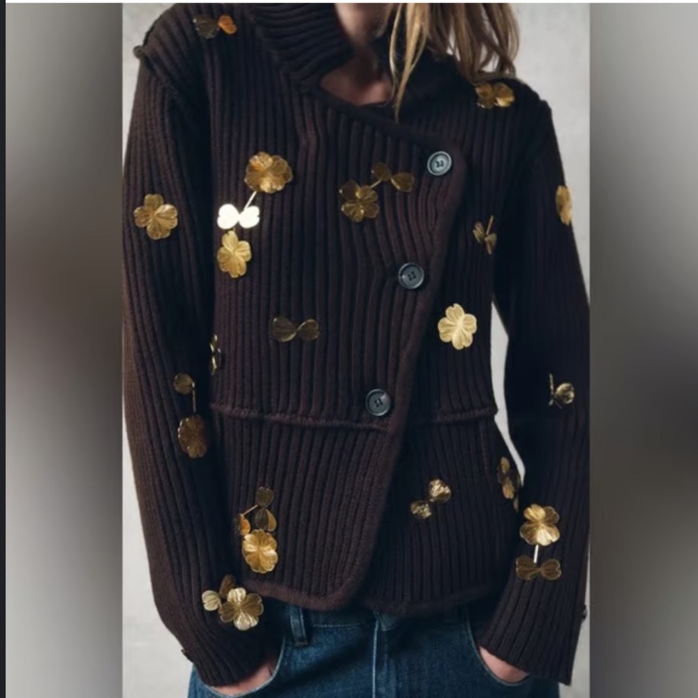 Zara Women's Dark Brown Cardigan with Gold Floral Details